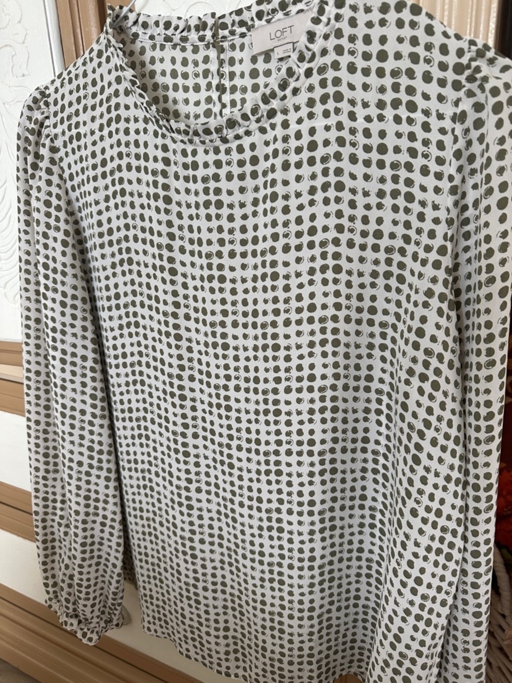 LOFT Olive Dot Crewneck Long Sleeve Blouse
